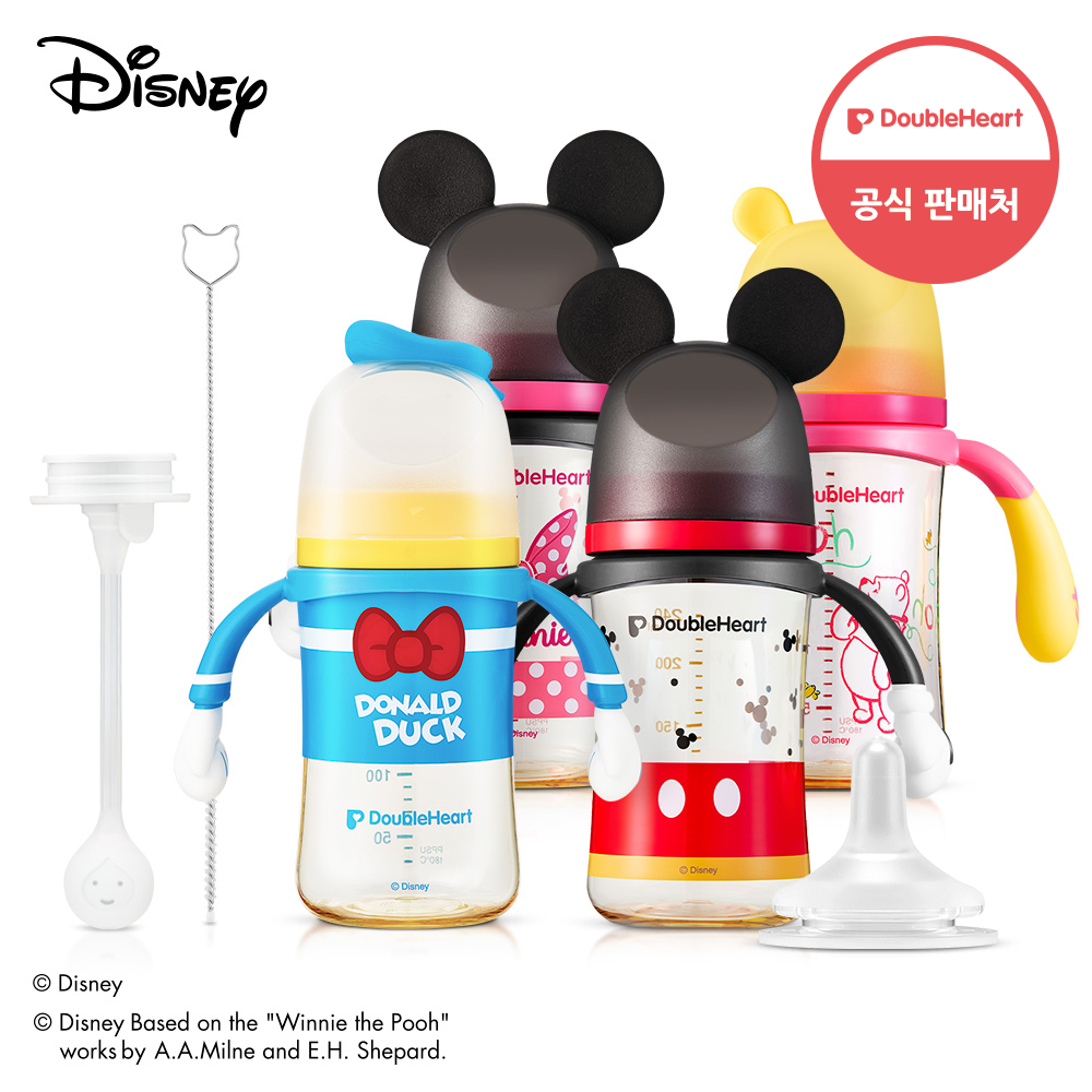 [더블하트] 디즈니 미키/푸우/미니/도날드덕 젖병 240ml(핸들)+빨대꼭지+240ml추빨대&브러시